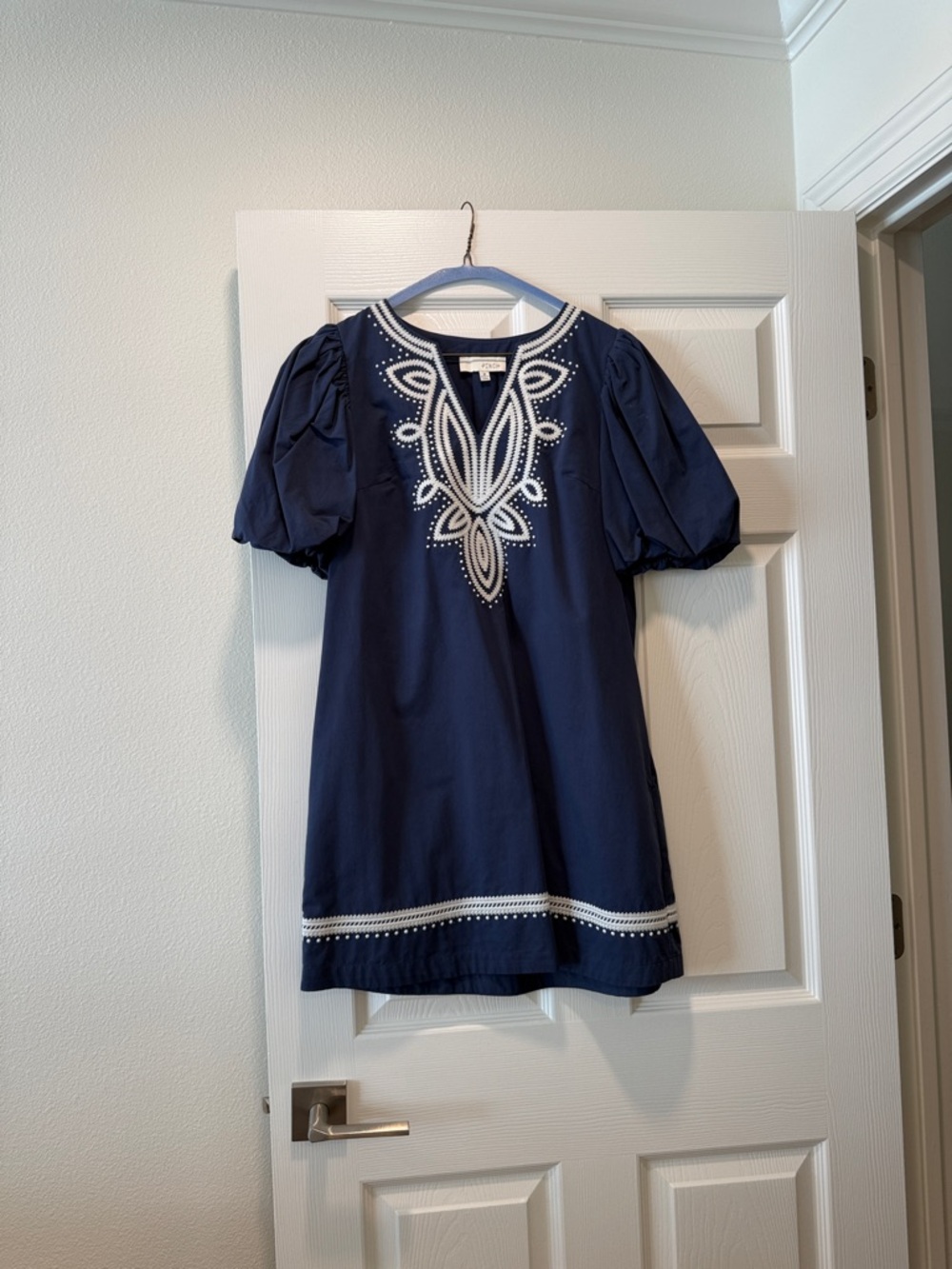 Pinch Navy and White Embroidered Puff-Sleeve Kids Dress
